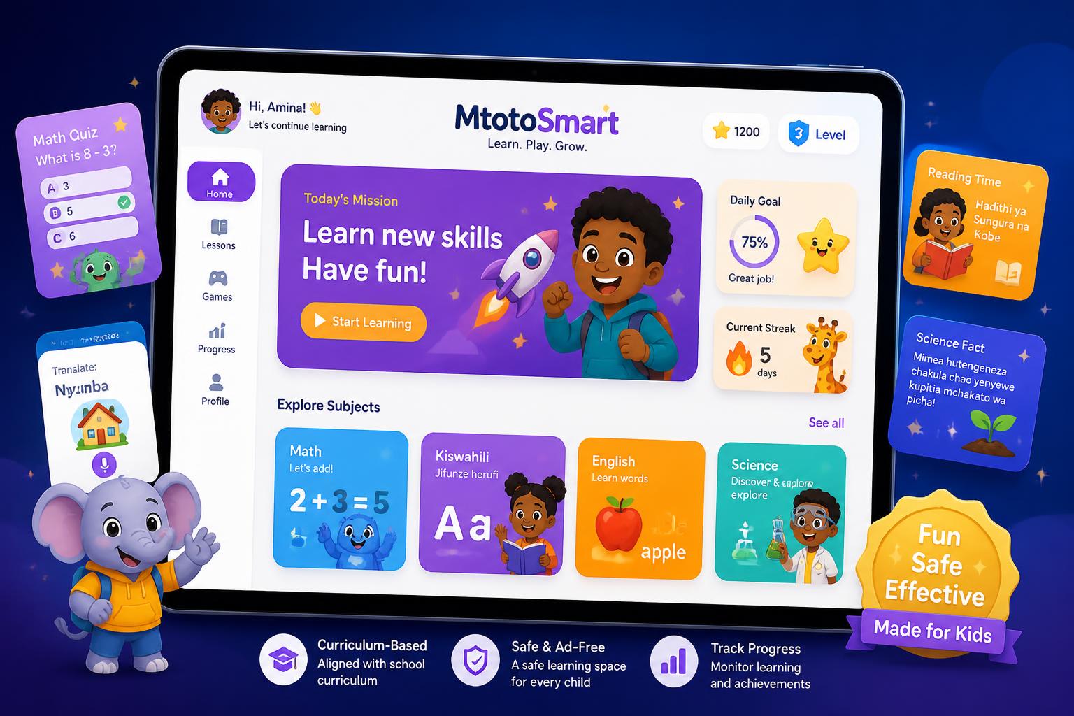 MtotoSmart AI learning app interface on a tablet